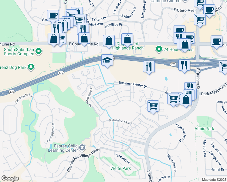 map of restaurants, bars, coffee shops, grocery stores, and more near 8565 Gold Peak Drive in Littleton