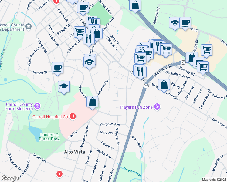 map of restaurants, bars, coffee shops, grocery stores, and more near 302 Queen Anne Cir in Westminster