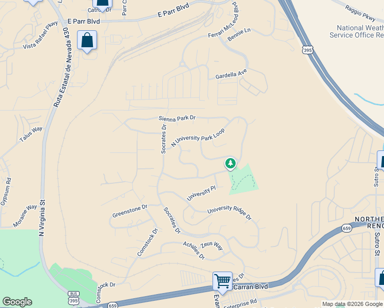 map of restaurants, bars, coffee shops, grocery stores, and more near 920 University Green Court in Reno