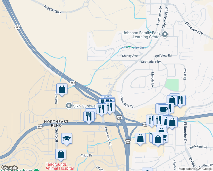 map of restaurants, bars, coffee shops, grocery stores, and more near 3295 Clear Acre Lane in Reno