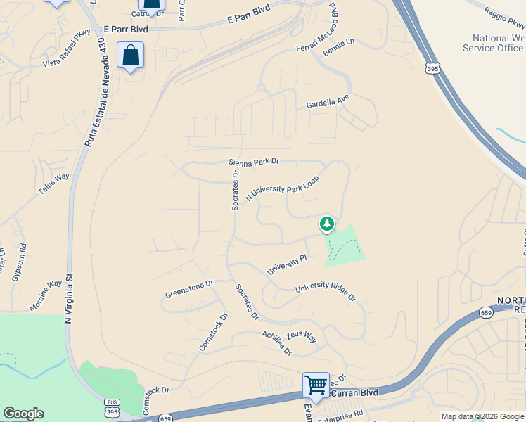 map of restaurants, bars, coffee shops, grocery stores, and more near 920 University Green Court in Reno