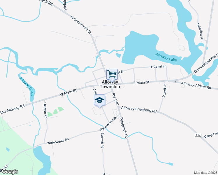 map of restaurants, bars, coffee shops, grocery stores, and more near in Alloway Township