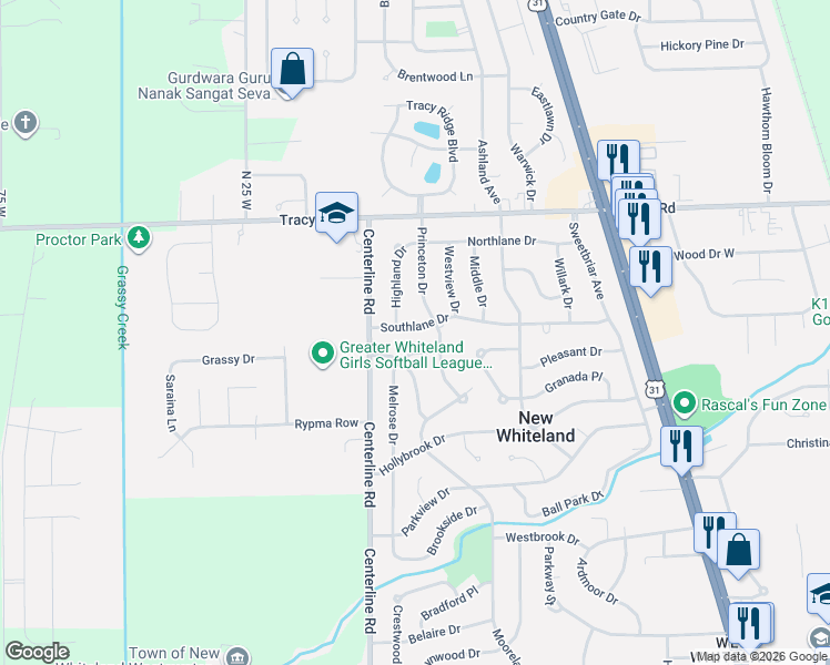 map of restaurants, bars, coffee shops, grocery stores, and more near 49 Southlane Drive in New Whiteland