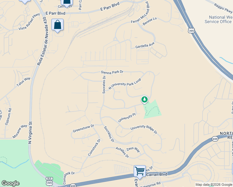 map of restaurants, bars, coffee shops, grocery stores, and more near 920 University Green Court in Reno