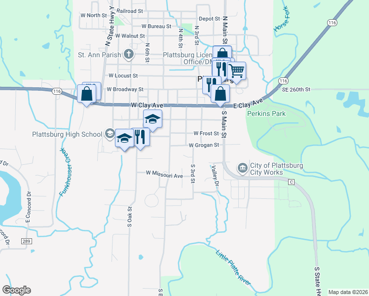 map of restaurants, bars, coffee shops, grocery stores, and more near 307 West Grogan Street in Plattsburg