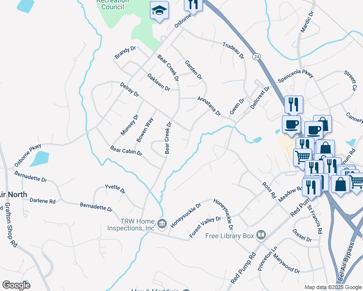 map of restaurants, bars, coffee shops, grocery stores, and more near 228 Cartland Way in Forest Hill