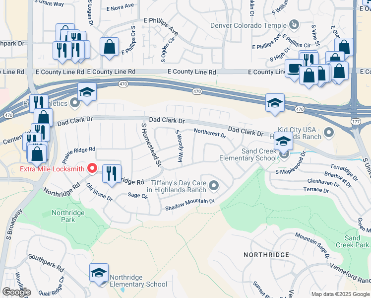 map of restaurants, bars, coffee shops, grocery stores, and more near 8603 Redstone Street in Littleton