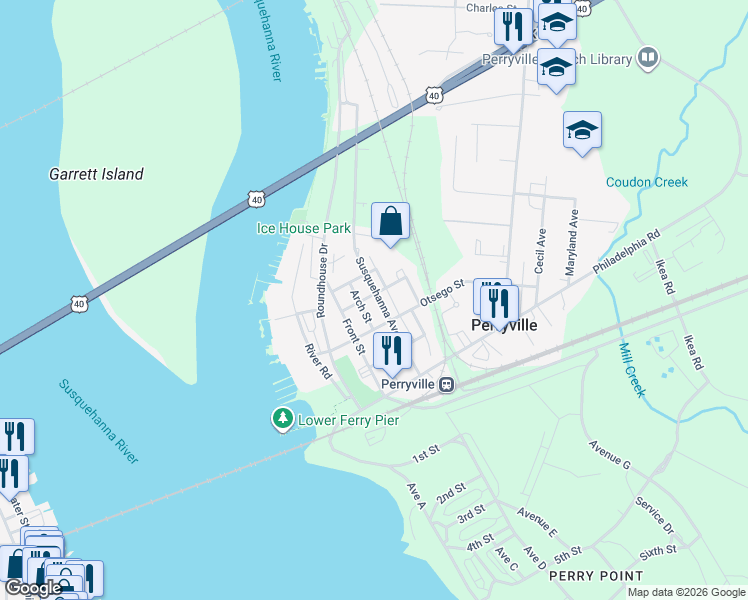 map of restaurants, bars, coffee shops, grocery stores, and more near 541 Susquehanna Avenue in Perryville
