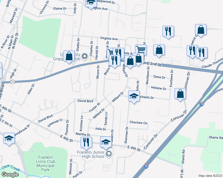 map of restaurants, bars, coffee shops, grocery stores, and more near 877 Foster St in Franklin