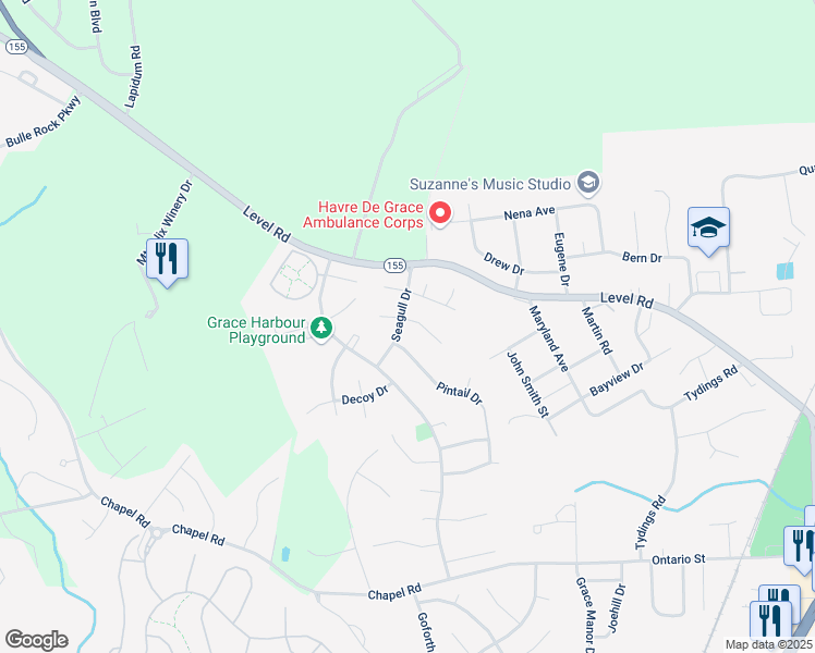 map of restaurants, bars, coffee shops, grocery stores, and more near 156 Goldeneye Court in Havre de Grace