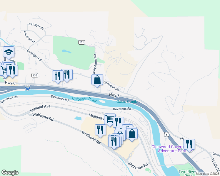 map of restaurants, bars, coffee shops, grocery stores, and more near 52089 Highway 6 in Glenwood Springs