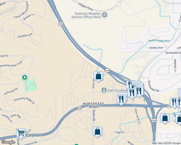 map of restaurants, bars, coffee shops, grocery stores, and more near Muscat Court in Reno