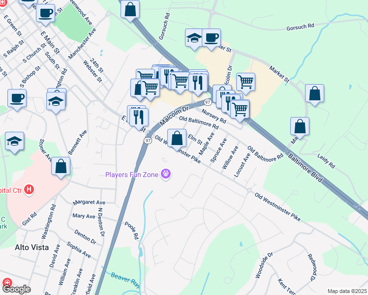 map of restaurants, bars, coffee shops, grocery stores, and more near 528 Old Westminster Pike in Westminster