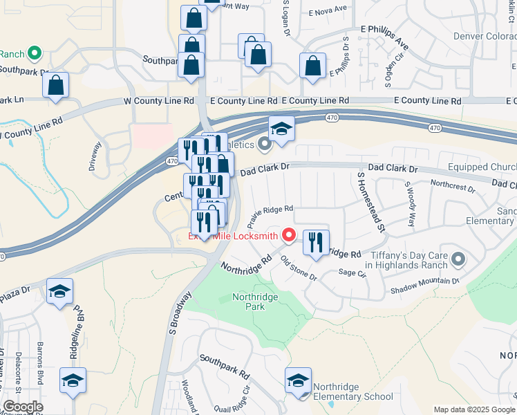 map of restaurants, bars, coffee shops, grocery stores, and more near 8472 Timberwood Street in Littleton