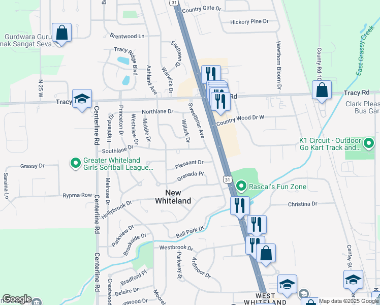 map of restaurants, bars, coffee shops, grocery stores, and more near 407 Southlane Drive in Whiteland