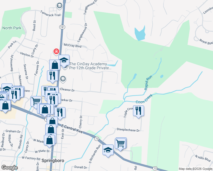 map of restaurants, bars, coffee shops, grocery stores, and more near 143 Timberside Court in Springboro