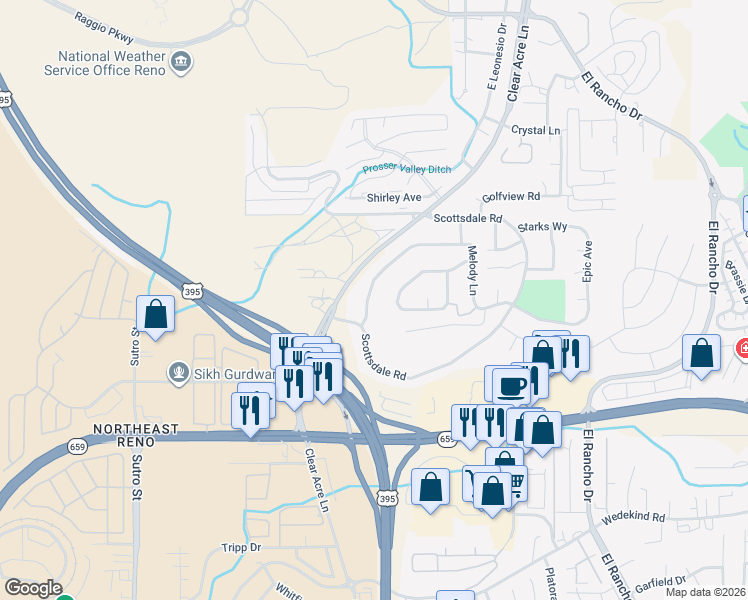 map of restaurants, bars, coffee shops, grocery stores, and more near 2328 Melody Lane in Reno