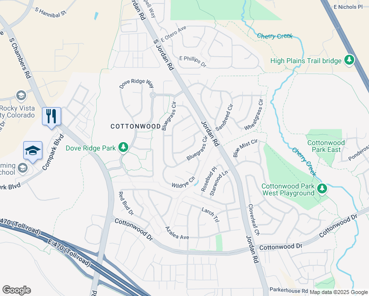 map of restaurants, bars, coffee shops, grocery stores, and more near 16293 Orchard Grass Lane in Parker