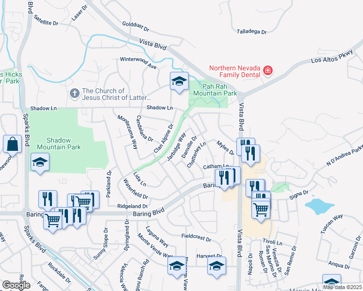 map of restaurants, bars, coffee shops, grocery stores, and more near 3215 Danville Drive in Sparks