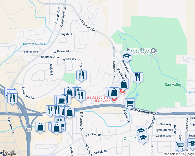 map of restaurants, bars, coffee shops, grocery stores, and more near 3242 Bentgrass Drive in Sparks