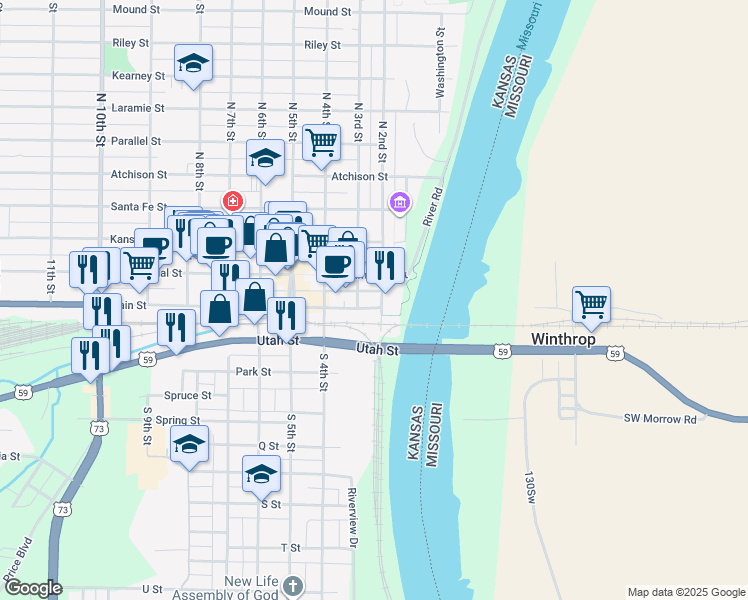 map of restaurants, bars, coffee shops, grocery stores, and more near 224 N 2nd St in Atchison