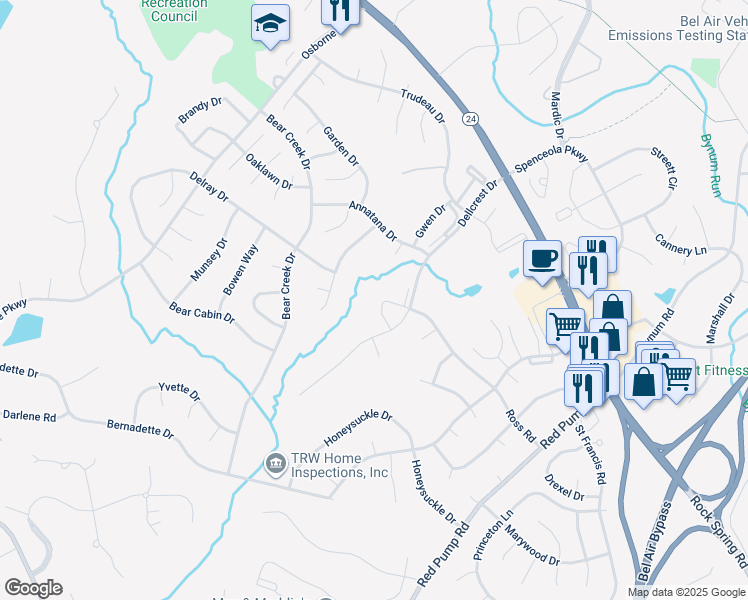 map of restaurants, bars, coffee shops, grocery stores, and more near 1829 Beth Bridge Circle in Forest Hill