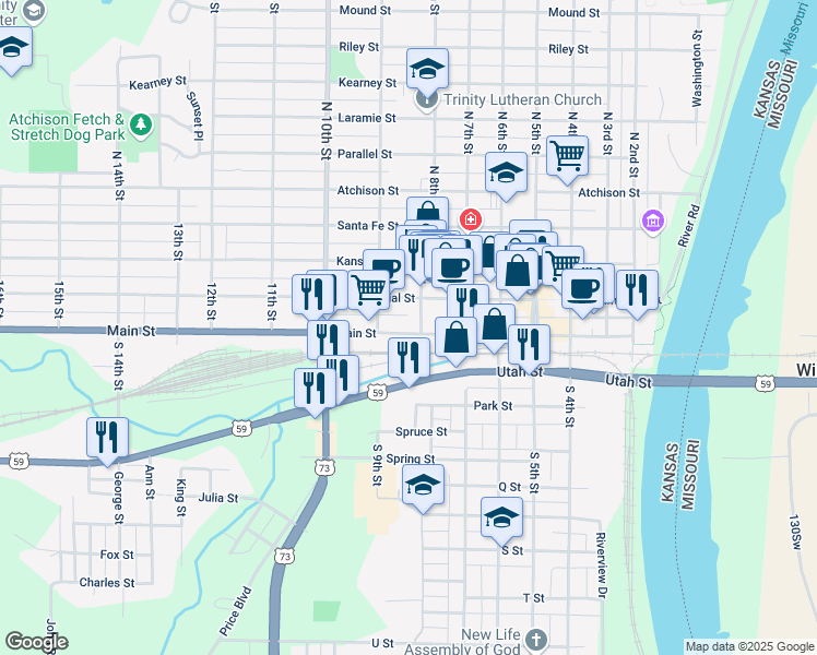map of restaurants, bars, coffee shops, grocery stores, and more near 807 Main Street in Atchison
