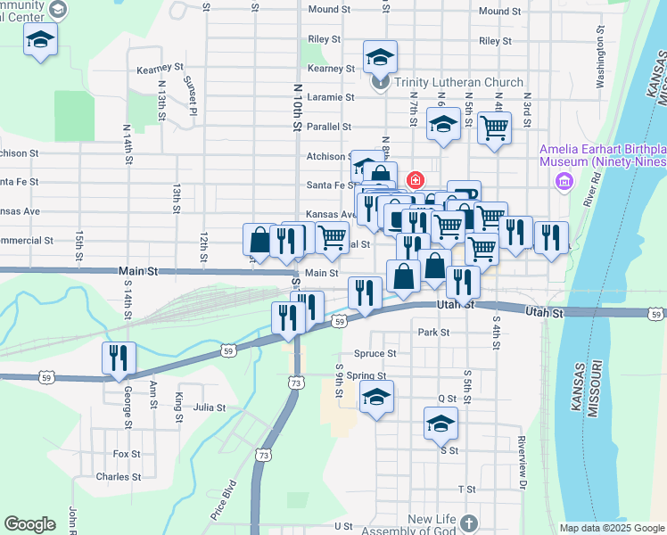 map of restaurants, bars, coffee shops, grocery stores, and more near 881 Main Street in Atchison
