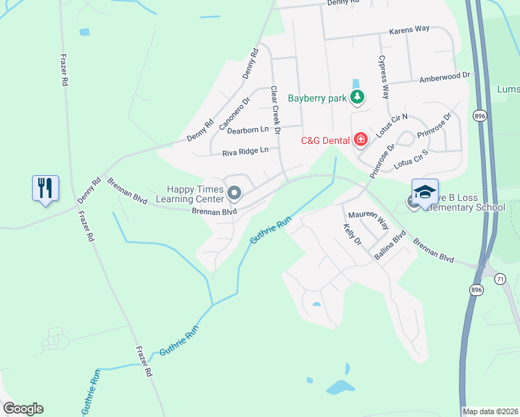 map of restaurants, bars, coffee shops, grocery stores, and more near 25 Sycamore Lane in Bear