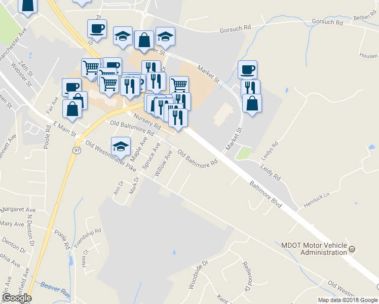 map of restaurants, bars, coffee shops, grocery stores, and more near 708 Old Baltimore Road in Westminster