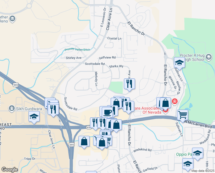 map of restaurants, bars, coffee shops, grocery stores, and more near 3225 Scottsdale Road in Reno