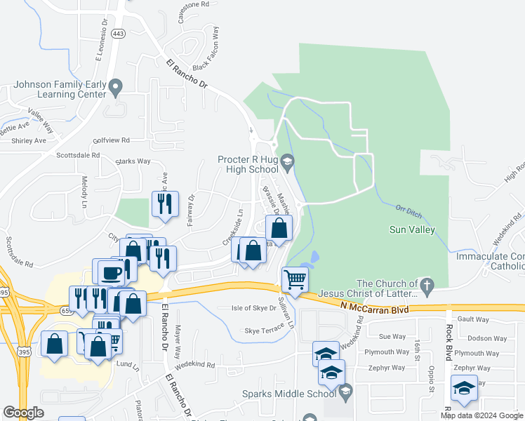 map of restaurants, bars, coffee shops, grocery stores, and more near 3493 Niblick Drive in Sparks