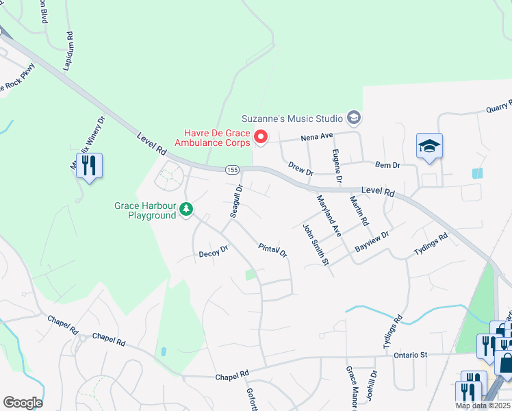 map of restaurants, bars, coffee shops, grocery stores, and more near 309 Goldeneye Court in Havre de Grace