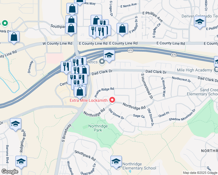 map of restaurants, bars, coffee shops, grocery stores, and more near 8485 South Wildcat Street in Littleton