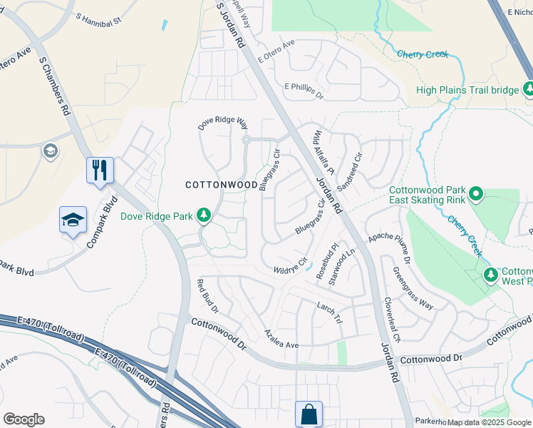 map of restaurants, bars, coffee shops, grocery stores, and more near 8538 Bluegrass Circle in Parker
