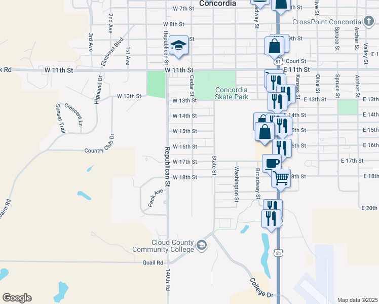 map of restaurants, bars, coffee shops, grocery stores, and more near 1608 Cedar Street in Concordia