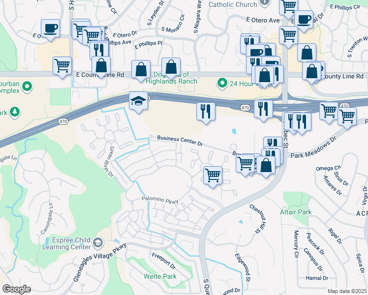 map of restaurants, bars, coffee shops, grocery stores, and more near 6104 Blue Ridge Drive in Highlands Ranch