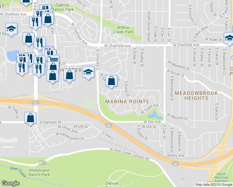 map of restaurants, bars, coffee shops, grocery stores, and more near 8925 West Teton Place in Littleton
