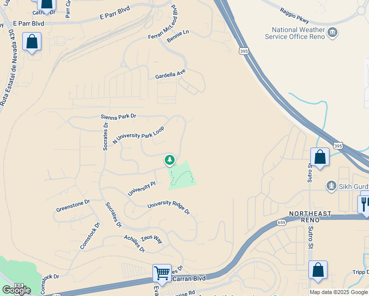 map of restaurants, bars, coffee shops, grocery stores, and more near 1034 South University Park Loop in Reno