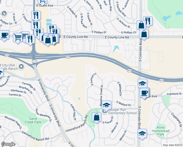map of restaurants, bars, coffee shops, grocery stores, and more near 8592 Forrest Street in Littleton