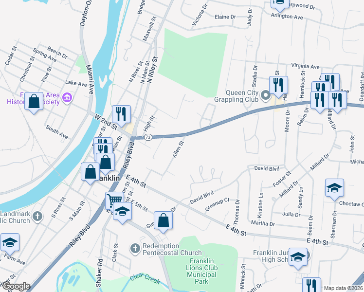 map of restaurants, bars, coffee shops, grocery stores, and more near 214 Allen Street in Franklin