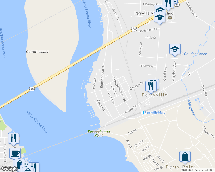 map of restaurants, bars, coffee shops, grocery stores, and more near 624 Front St in Perryville