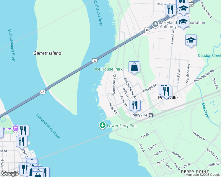 map of restaurants, bars, coffee shops, grocery stores, and more near 231 Roundhouse Drive in Perryville