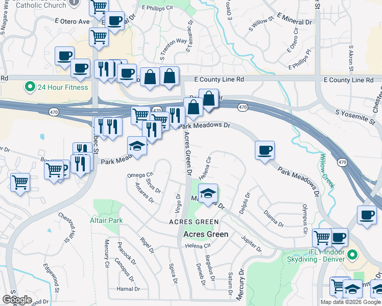 map of restaurants, bars, coffee shops, grocery stores, and more near 506 Aries Court in Lone Tree