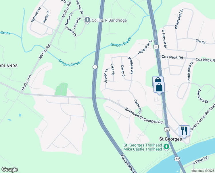 map of restaurants, bars, coffee shops, grocery stores, and more near 1250 Caitlin Way in New Castle