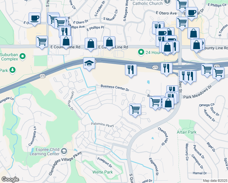 map of restaurants, bars, coffee shops, grocery stores, and more near 6104 Blue Ridge Drive in Highlands Ranch