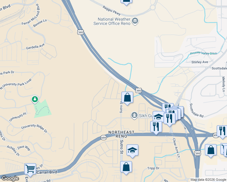 map of restaurants, bars, coffee shops, grocery stores, and more near Muscat Court in Reno
