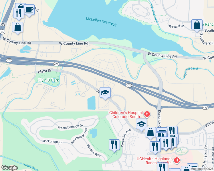 map of restaurants, bars, coffee shops, grocery stores, and more near 8555 Belle Drive in Highlands Ranch