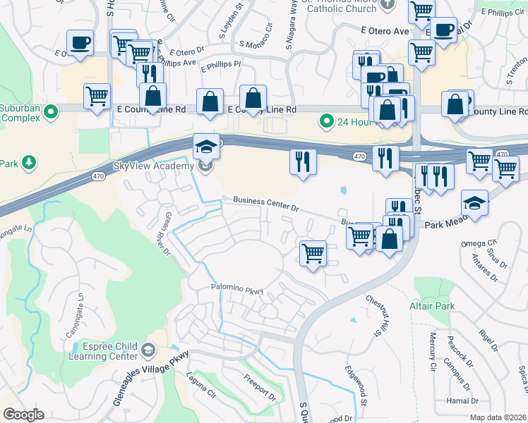 map of restaurants, bars, coffee shops, grocery stores, and more near 6104 Blue Ridge Drive in Highlands Ranch