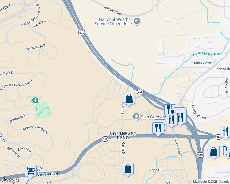 map of restaurants, bars, coffee shops, grocery stores, and more near Muscat Court in Reno